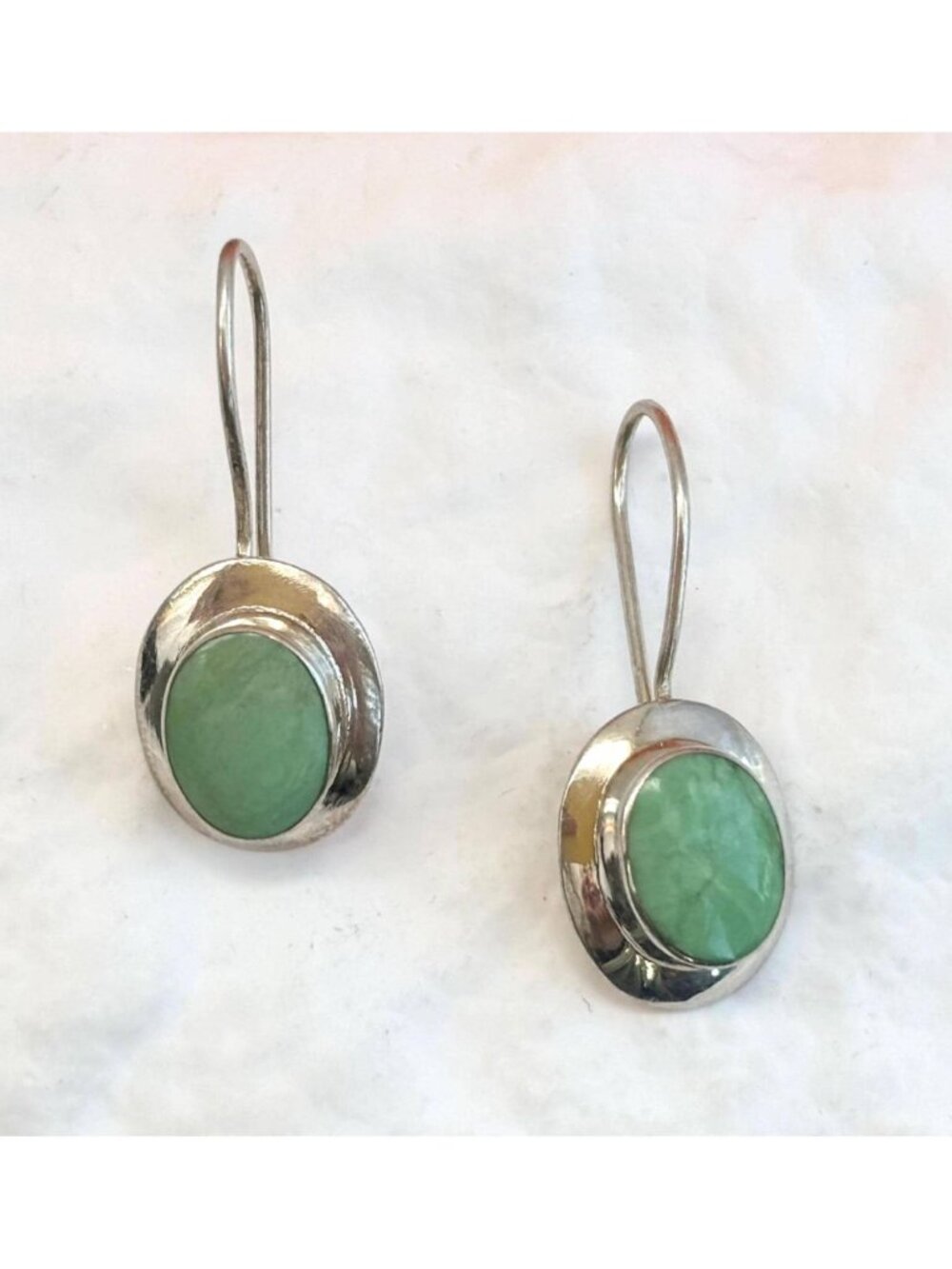 Green Jade Gemstone Minimalist Ear Wire Sterling Silver Vintage 925 Earrings